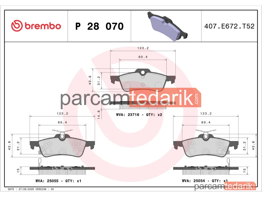 BREMBO P28070 | Fren Balatası (Arka) — Honda Civic IX Tourer, Honda Civic IX