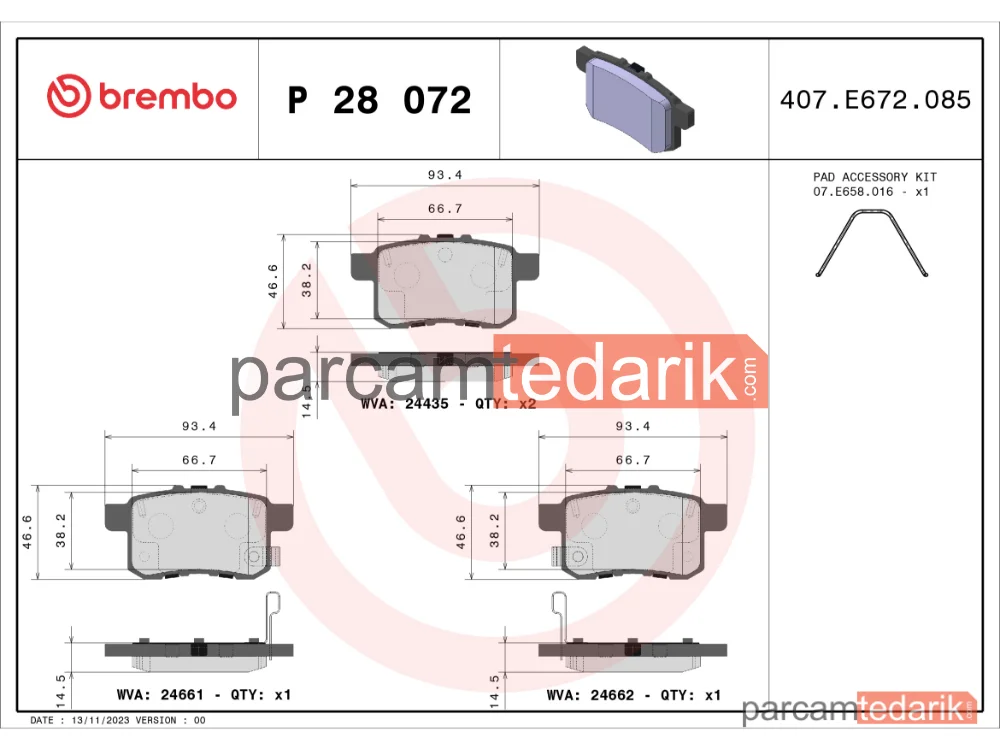 BREMBO P28072 | Fren Balatası (Arka) — Honda Accord VIII, Honda Accord IX