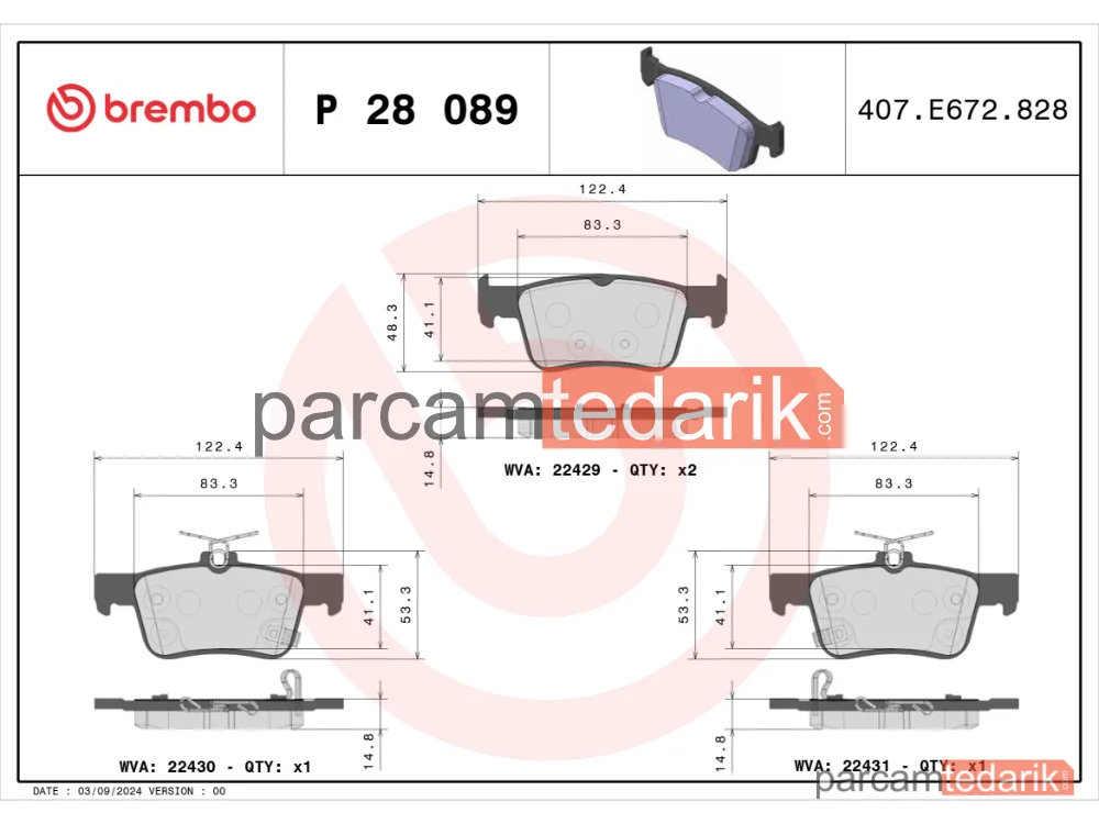 BREMBO P28089 | Fren Balatası (Arka) — Honda Civic X, Honda e, Honda Civic XI