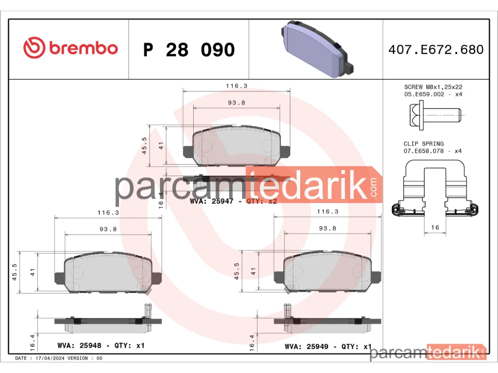BREMBO P28090 | Fren Balatası (Arka) — Honda Hr-V