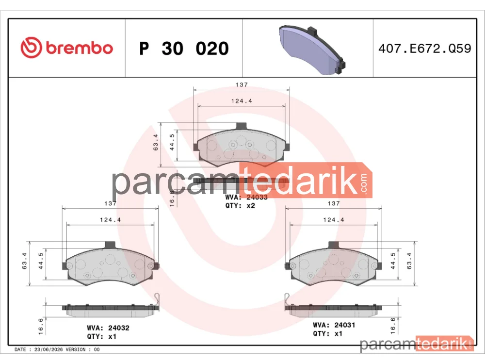 BREMBO P30020 | Fren Balatası (Ön) — Hyundai Elantra III, Kia Cerato I, Hyundai Matrix