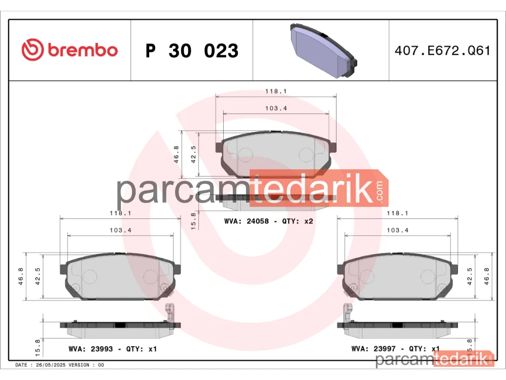 BREMBO P30023 | Fren Balatası (Arka) — Kia Sorento I