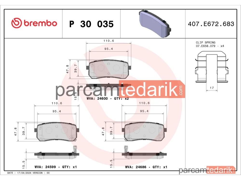 BREMBO P30035 | Fren Balatası (Arka) — Kia Sorento III, Kia Carnival / Grand Carnival III, Hyundai H-1 Travel