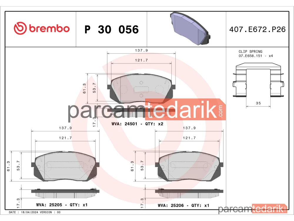 BREMBO P30056 | Fren Balatası (Ön) — Hyundai Tucson, Kia Sportage IV, Hyundai ix35