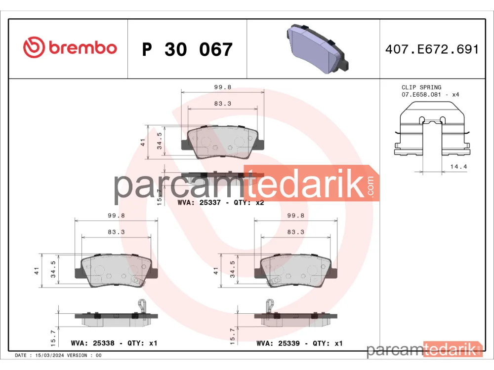 BREMBO P30067 | Fren Balatası (Arka) — Kia Sportage IV, Hyundai Accent IV, Hyundai Sonata V