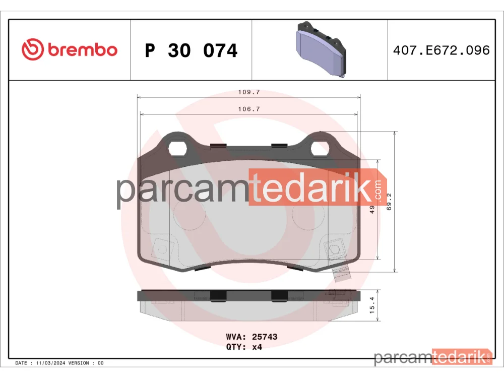 BREMBO P30074 | Fren Balatası (Arka) — Jeep Grand Cherokee IV, Hyundai Genesis Coupe, Tesla Model S