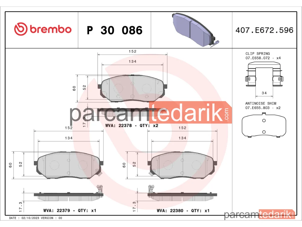 BREMBO P30086 | Fren Balatası (Ön) — Hyundai Santa FE IV, Kia Sorento III, Kia Sorento II
