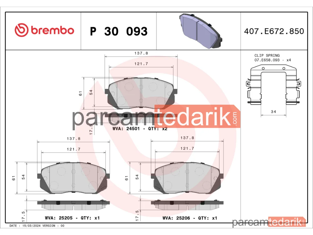 BREMBO P30093 | Fren Balatası (Ön) — Hyundai Tucson, Kia Sportage IV, Kia Xceed