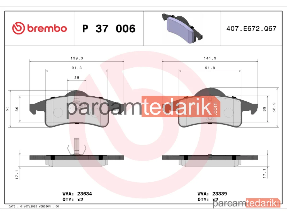 BREMBO P37006 | Fren Balatası (Arka) — Jeep Cherokee, Jeep Grand Cherokee II