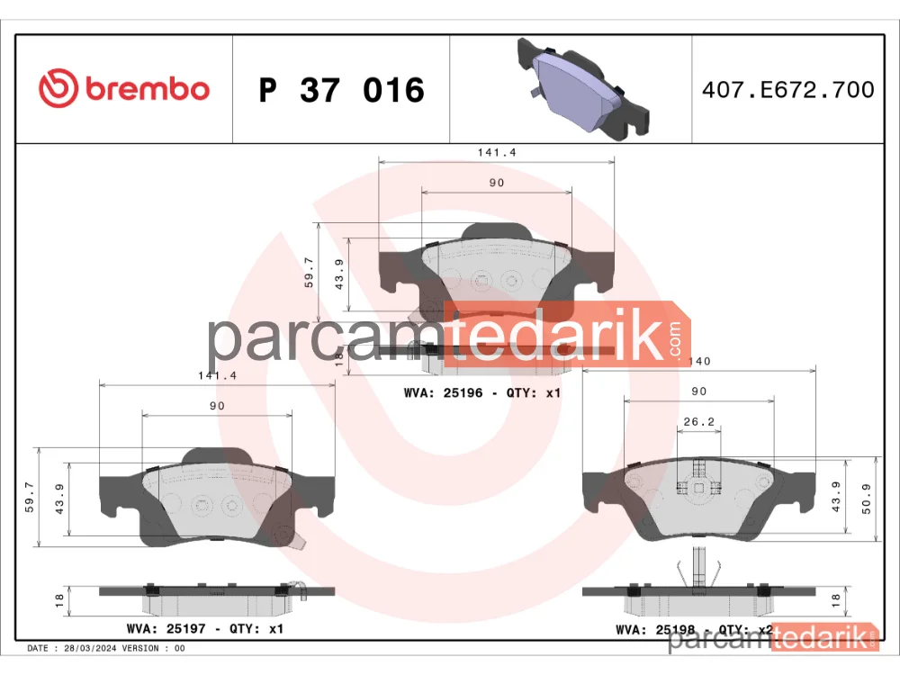 BREMBO P37016 | Fren Balatası (Arka) — Jeep Grand Cherokee IV