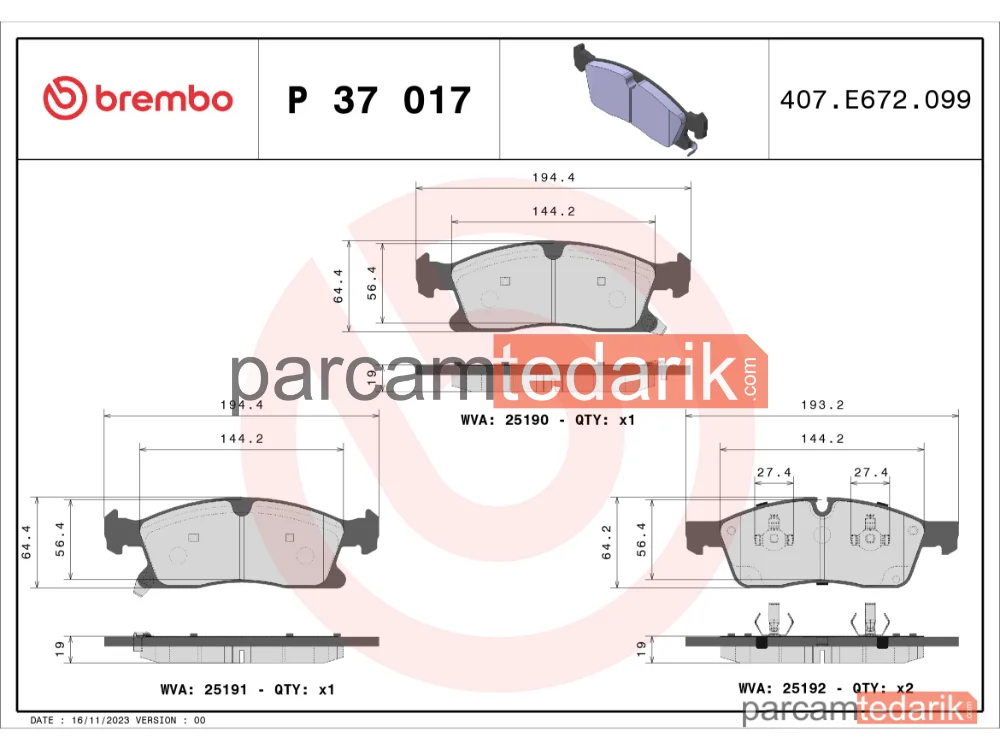 BREMBO P37017 | Fren Balatası (Ön) — Jeep Grand Cherokee IV