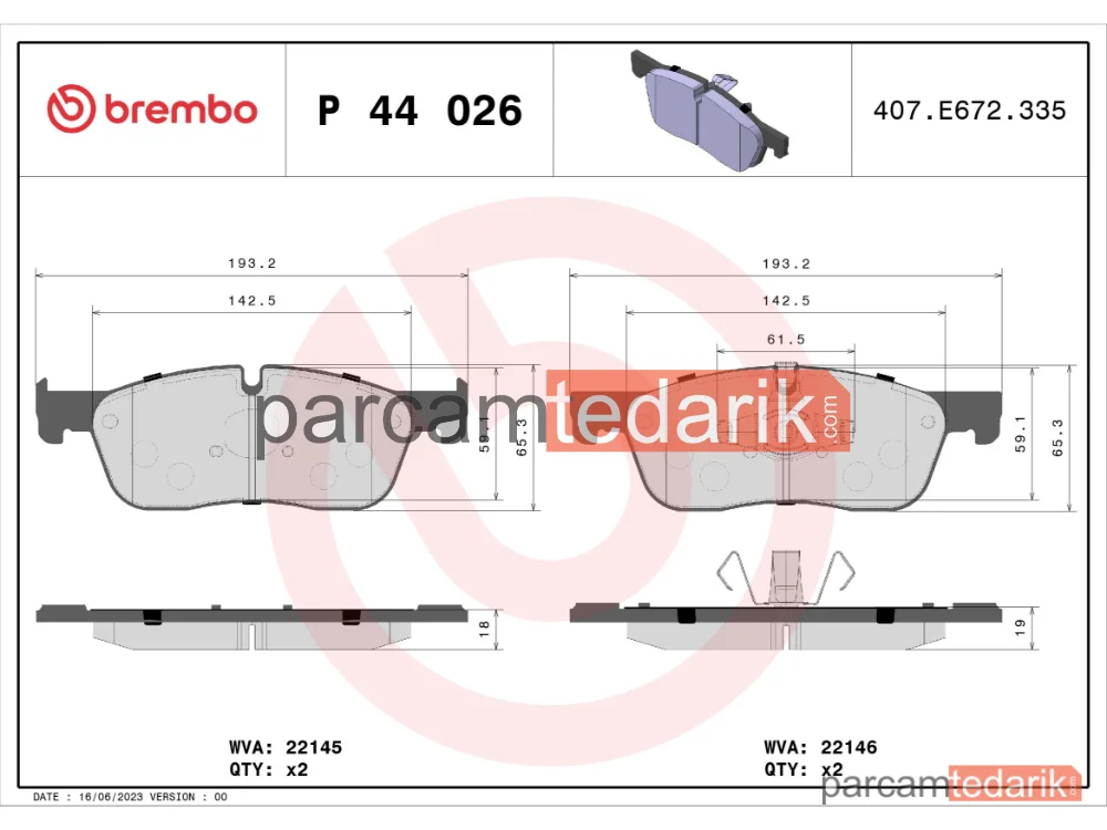 BREMBO P44026 | Fren Balatası (Ön) — Land Rover Range Rover Evoque, Land Rover Discovery Sport, Jaguar E-Pace