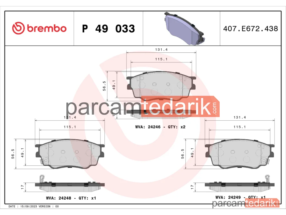 BREMBO P49033 | Fren Balatası (Ön) — Mazda 6