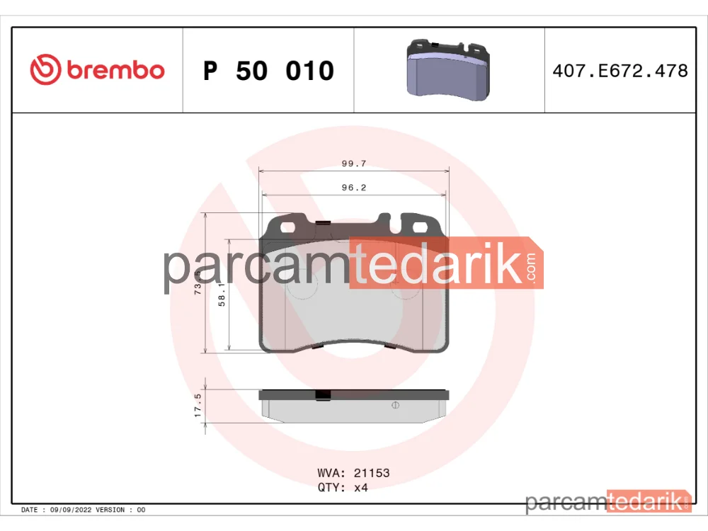 P50010 | Fren Balatası (Ön) — Mercedes-Benz SL, Mercedes-Benz E-Serisi, Mercedes-Benz 124