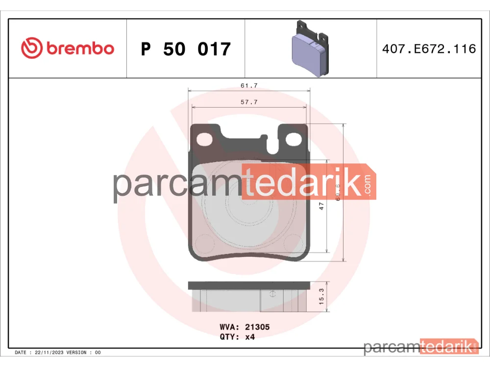 BREMBO P50017 | Fren Balatası (Arka) — Mercedes-Benz E-Serisi T-Model, Mercedes-Benz E-Serisi