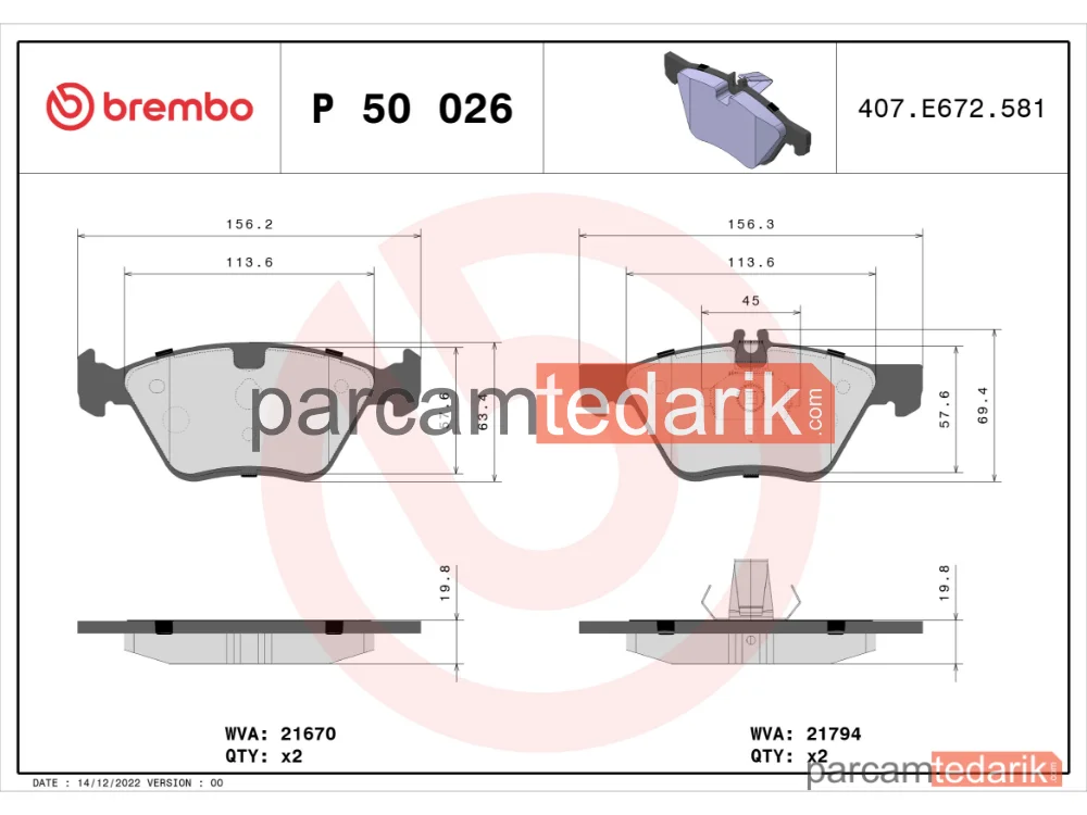 BREMBO P50026 | Fren Balatası (Ön) — Mercedes-Benz E-Serisi T-Model, Mercedes-Benz E-Serisi