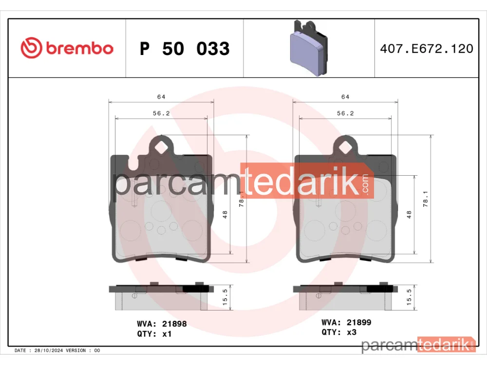BREMBO P50033 | Fren Balatası (Arka) — Mercedes-Benz C-Serisi T-Model, Mercedes-Benz C-Serisi
