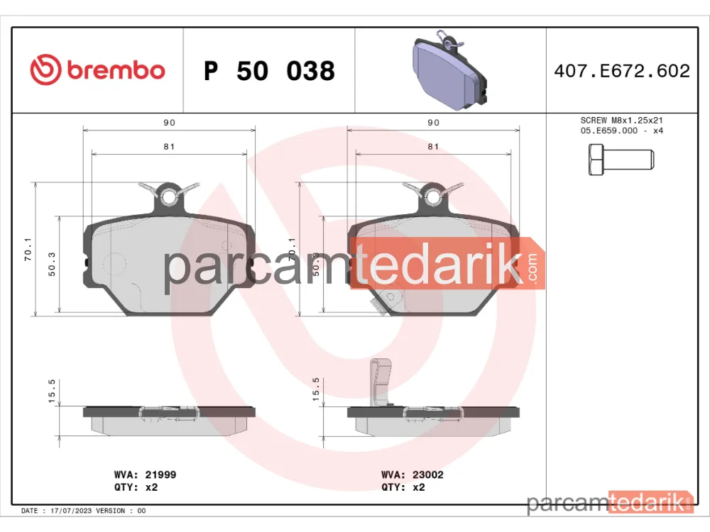 BREMBO P50038 | Fren Balatası (Ön) — Smart Fortwo Coupe, Smart City-Coupe, Smart Fortwo Cabrio