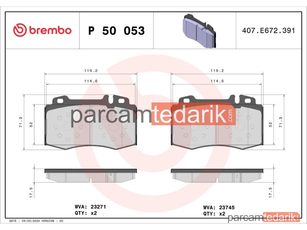 BREMBO P50053 | Fren Balatası (Ön) — Mercedes-Benz C-Serisi T-Model, Mercedes-Benz E-Serisi T-Model