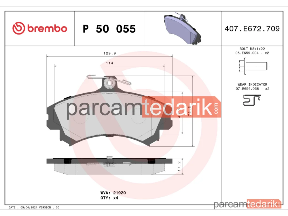 BREMBO P50055 | Fren Balatası (Ön) — Smart Forfour, Mitsubishi Colt VI, Mitsubishi Colt Czc VI Cabrio