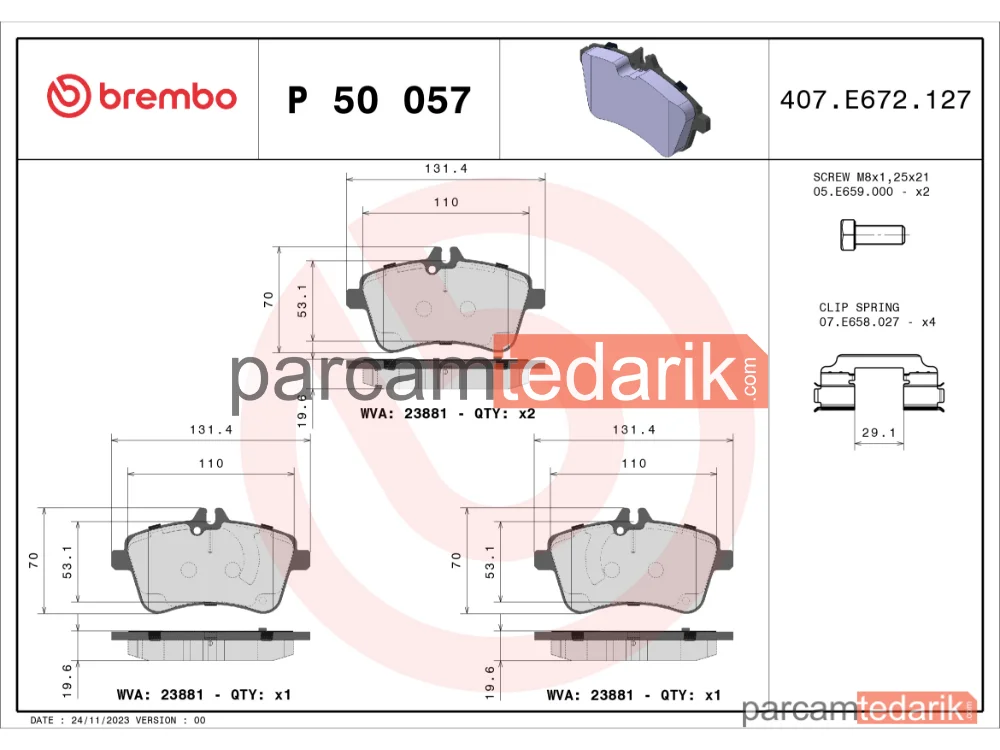 BREMBO P50057 | Fren Balatası (Ön) — Mercedes-Benz B-Serisi, Mercedes-Benz A-Serisi