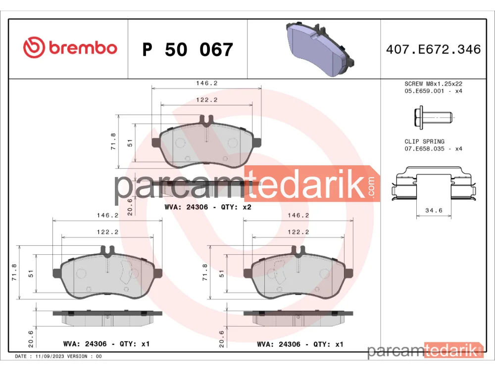 BREMBO P50067 | Fren Balatası (Ön) — Mercedes-Benz C-Serisi T-Model, Mercedes-Benz C-Serisi