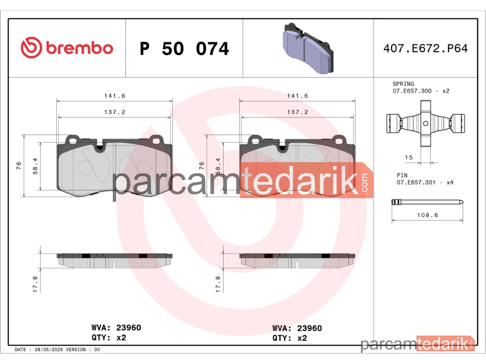 BREMBO P50074 | Fren Balatası (Ön) — Mercedes-Benz S-Serisi, Mercedes-Benz S-Serisi Coupe, Mercedes-Benz SL