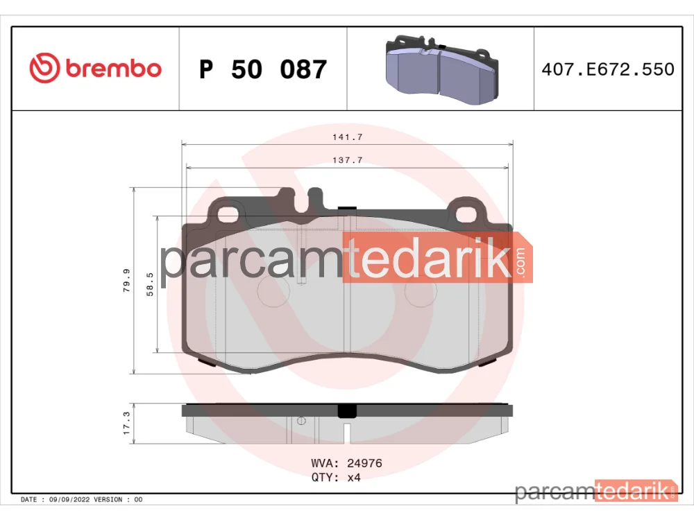 BREMBO P50087 | Fren Balatası (Ön) — Mercedes-Benz E-Serisi, Mercedes-Benz Cls Shooting Brake
