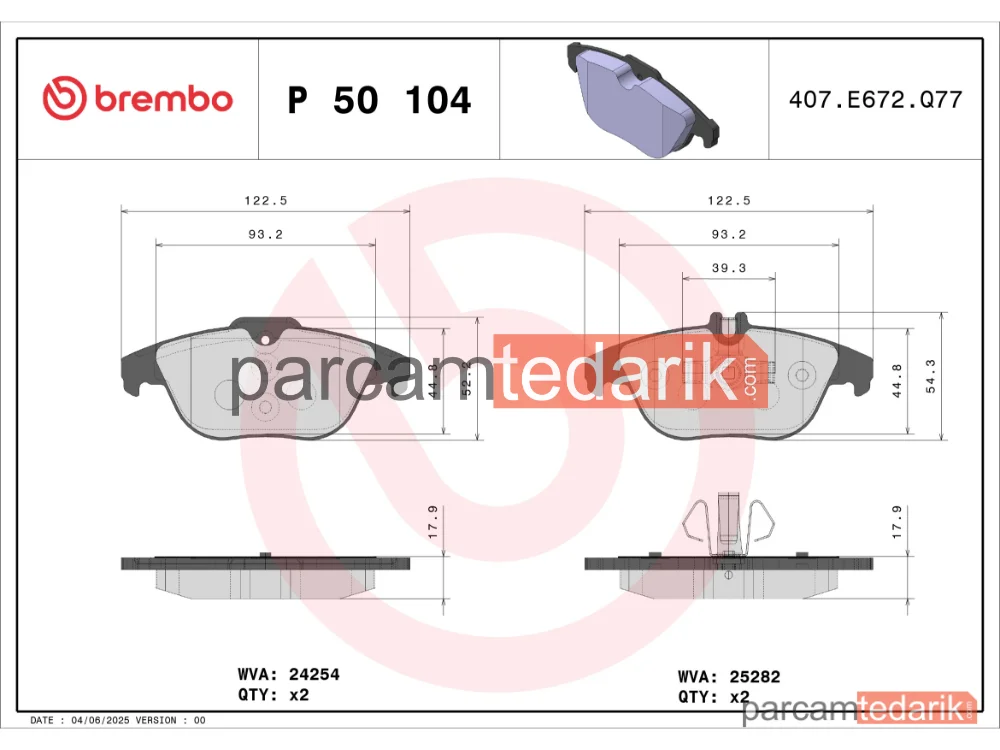 BREMBO P50104 | Fren Balatası (Arka) — Mercedes-Benz C-Serisi, Mercedes-Benz Glk-Serisi