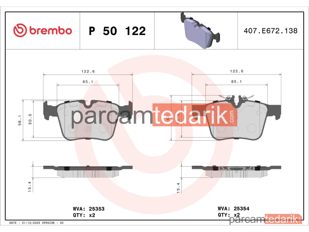 BREMBO P50122 | Fren Balatası (Arka) — Mercedes-Benz C-Serisi, Mercedes-Benz C-Serisi T-Model