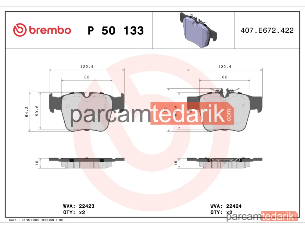 BREMBO P50133 | Fren Balatası (Arka) — Mercedes-Benz Glc, Mercedes-Benz Glc Coupe, Mercedes-Benz C-Serisi