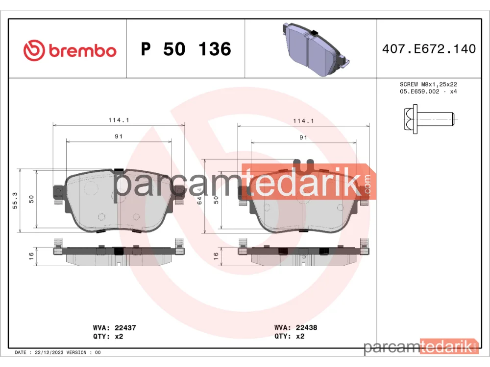BREMBO P50136 | Fren Balatası (Arka) — Mercedes-Benz E-Serisi, Mercedes-Benz E-Serisi T-Model