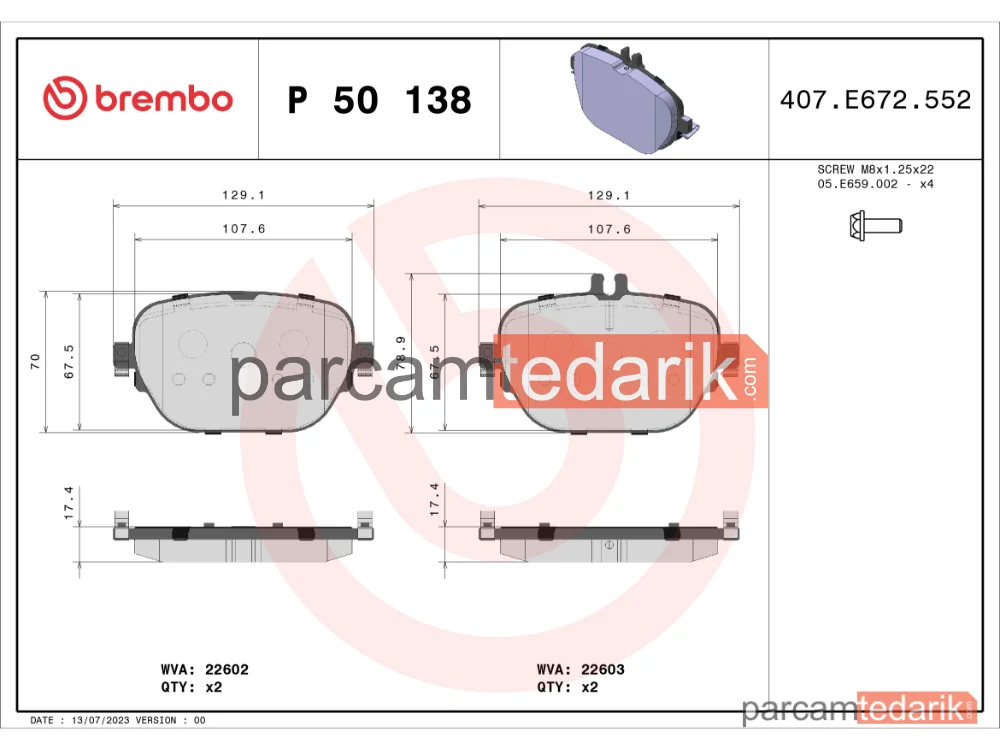 BREMBO P50138 | Fren Balatası (Arka) — Mercedes-Benz E-Serisi T-Model, Mercedes-Benz E-Serisi