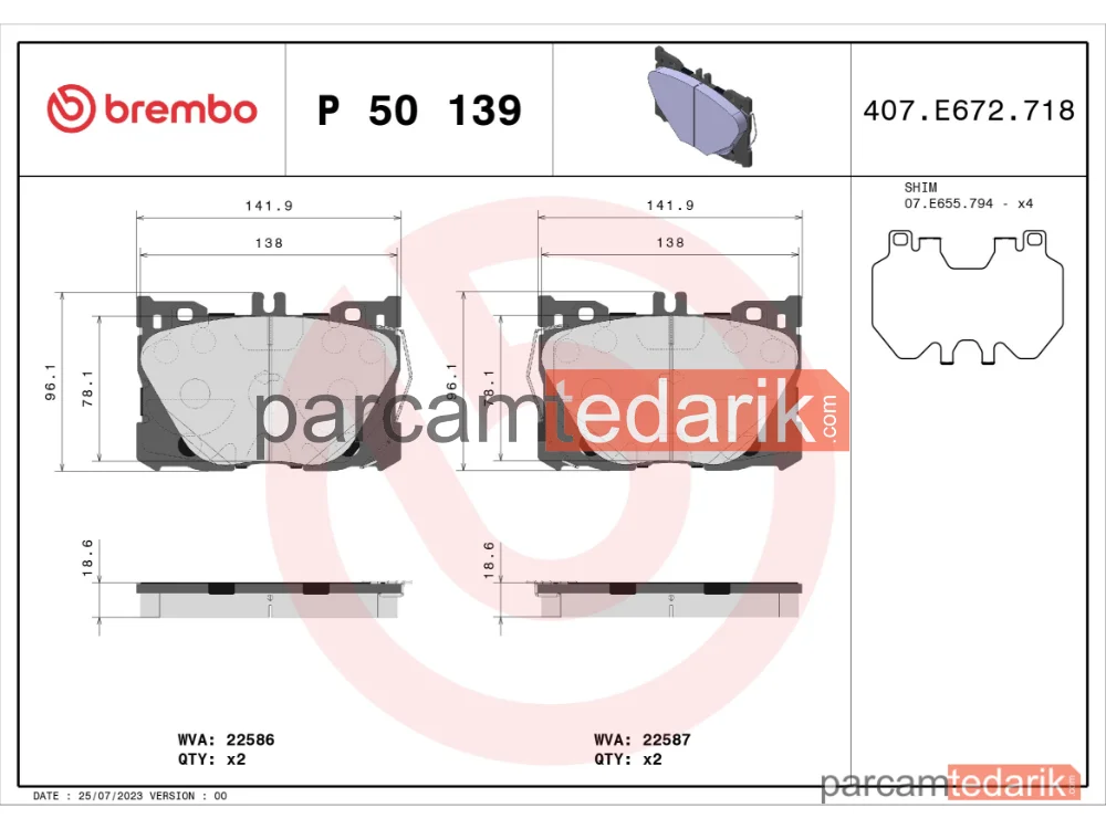 BREMBO P50139 | Fren Balatası (Ön) — Mercedes-Benz E-Serisi, Mercedes-Benz Glc, Mercedes-Benz Glc Coupe