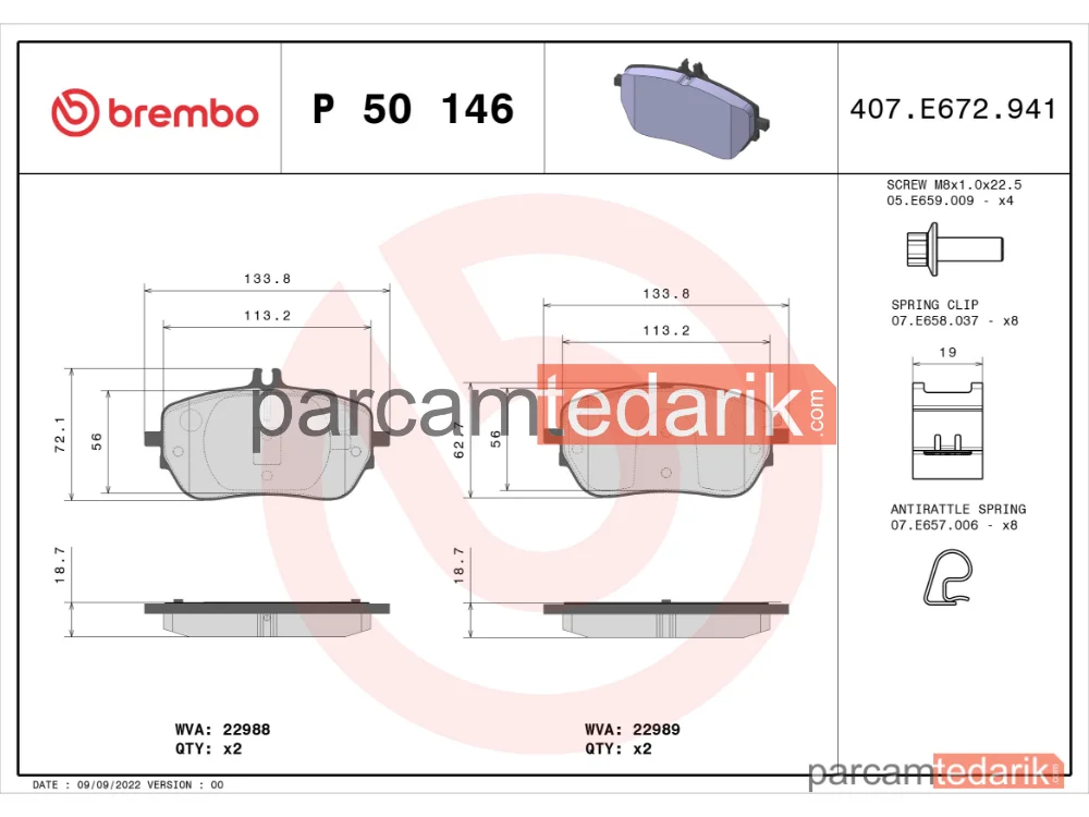 BREMBO P50146 | Fren Balatası (Ön) — Mercedes-Benz B-Serisi, Mercedes-Benz A-Serisi, Mercedes-Benz Cla