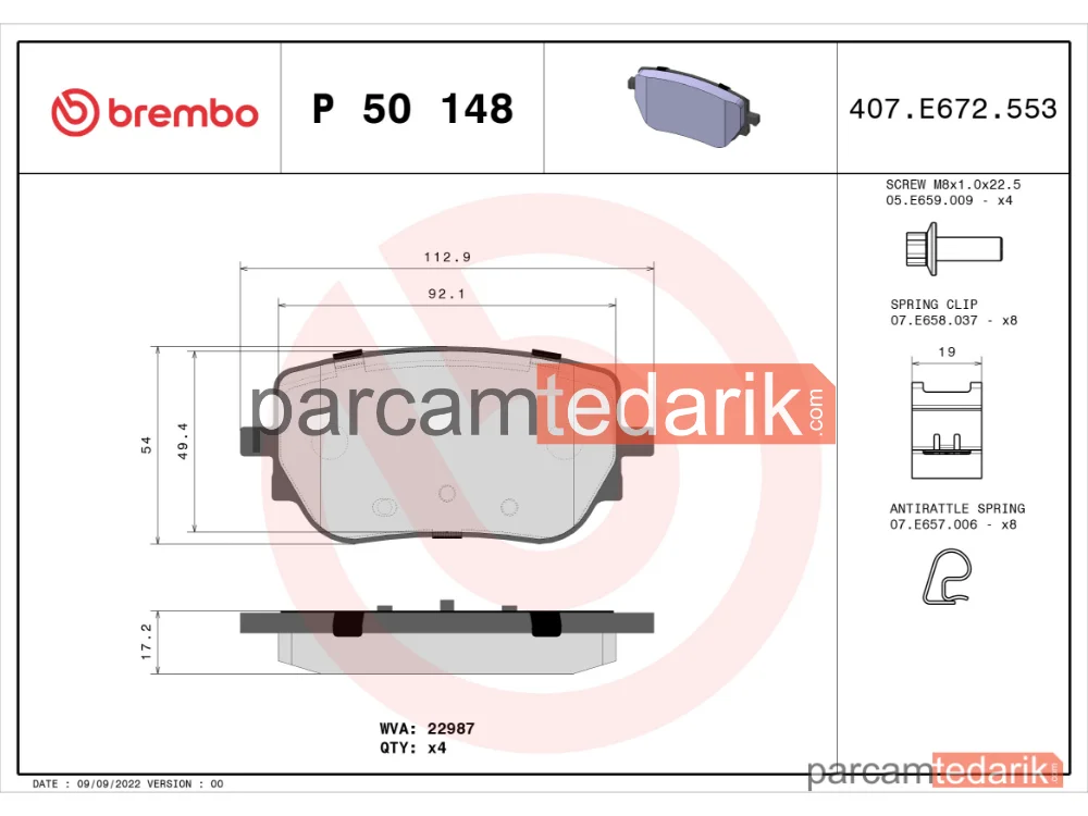 BREMBO P50148 | Fren Balatası (Arka) — Mercedes-Benz A-Serisi, Mercedes-Benz Cla, Mercedes-Benz B-Serisi