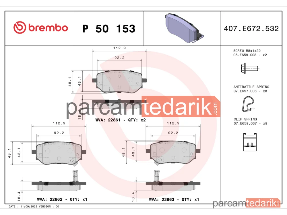 BREMBO P50153 | Fren Balatası (Arka) — Mercedes-Benz X-Serisi, Nissan Navara NP300 Pick-Up, Renault Alaskan