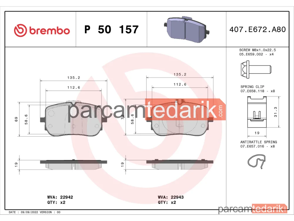 BREMBO P50157 | Fren Balatası (Ön) — Mercedes-Benz Gla, Mercedes-Benz A-Serisi, Mercedes-Benz B-Serisi