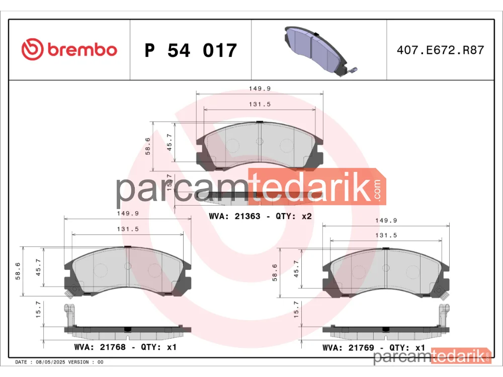 BREMBO P54017 | Fren Balatası (Ön) — Mitsubishi L200, Mitsubishi Outlander II, Mitsubishi L400