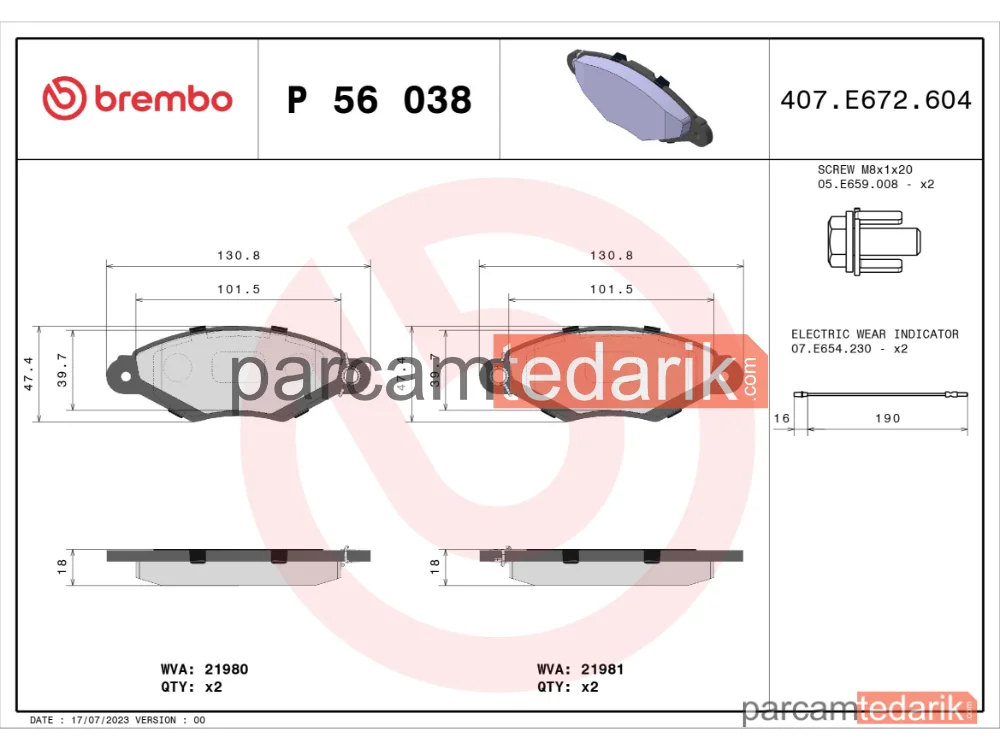BREMBO P56038 | Fren Balatası (Ön) — Renault Kangoo Express, Renault Kangoo, Nissan Kubistar
