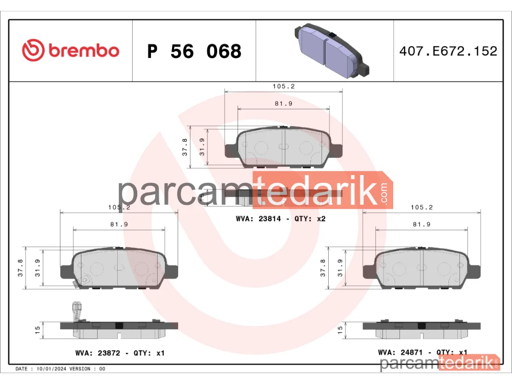 BREMBO P56068 | Fren Balatası (Arka) — Suzuki Grand Vitara II, Nissan Murano II, Nissan Leaf