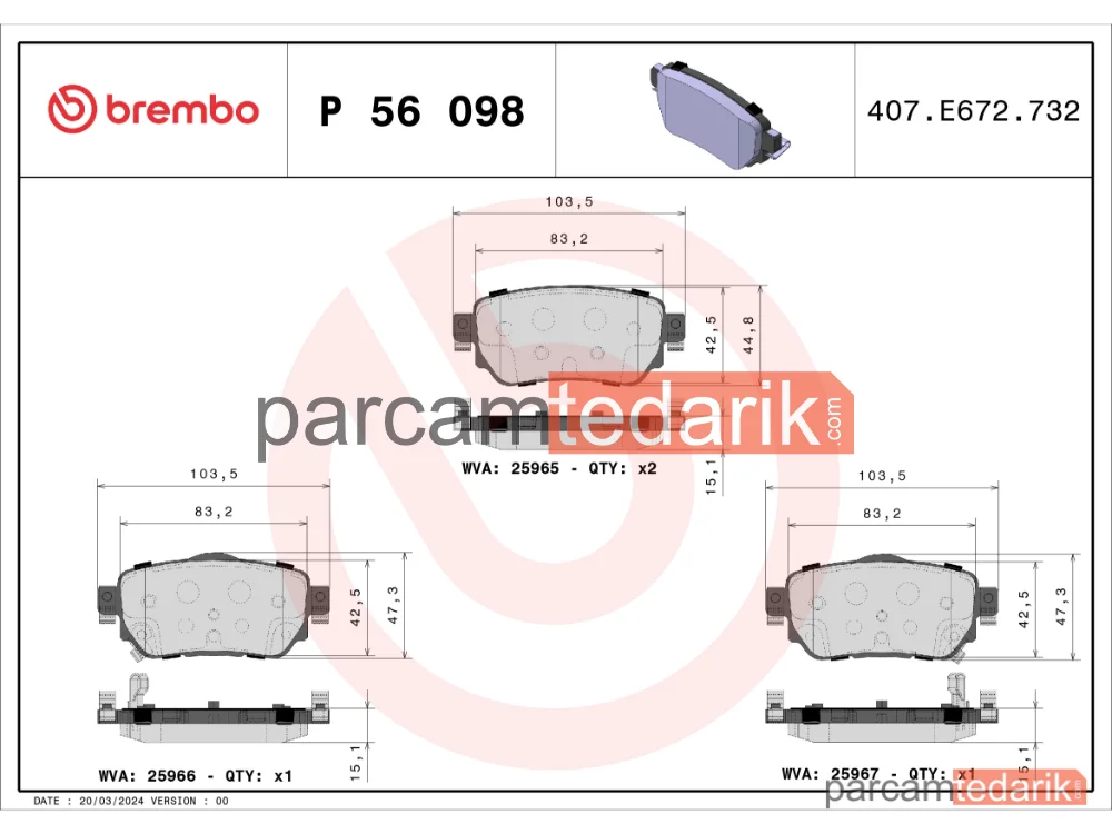 BREMBO P56098 | Fren Balatası (Arka) — Nissan X-Trail III, Renault Kadjar, Nissan Qashqai II