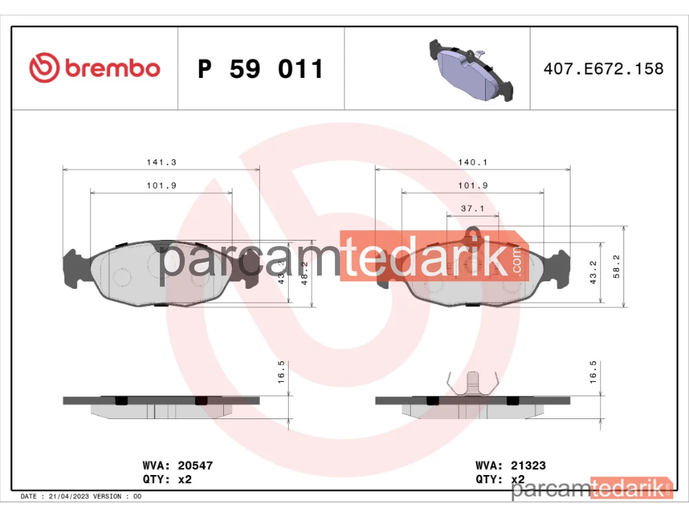 BREMBO P59011 | Fren Balatası (Ön) — Opel Astra F, Opel Vectra A, Opel Corsa A