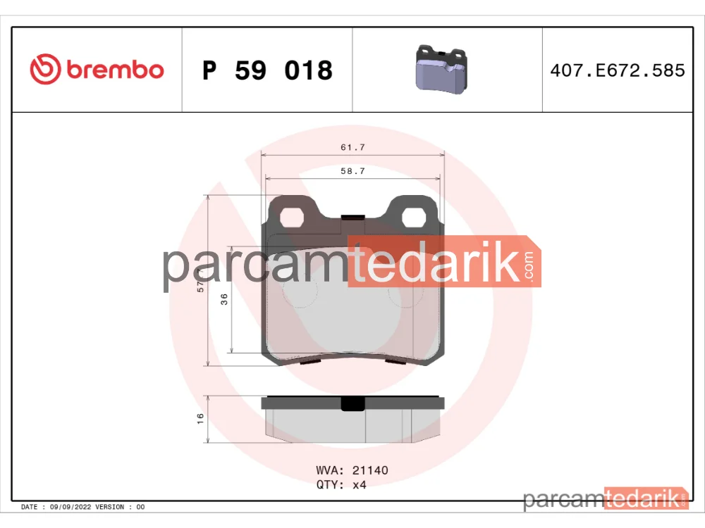 BREMBO P59018 | Fren Balatası (Arka) — Opel Vectra A, Opel Astra F, Opel Kadett E