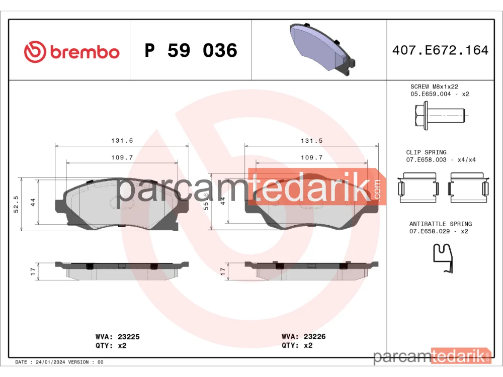 BREMBO P59036 | Fren Balatası (Ön) — Opel Combo, Opel Corsa C, Opel Combo Tour