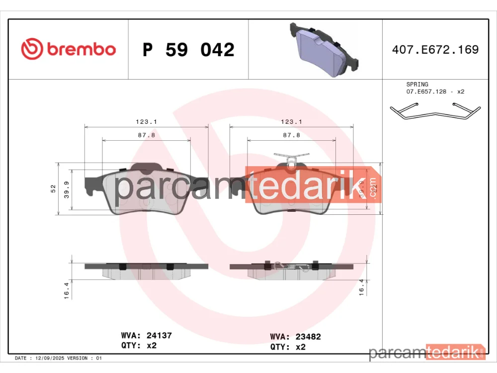 BREMBO P59042 | Fren Balatası (Arka) — Ford Focus III, Saab 9-3, Opel Vectra C
