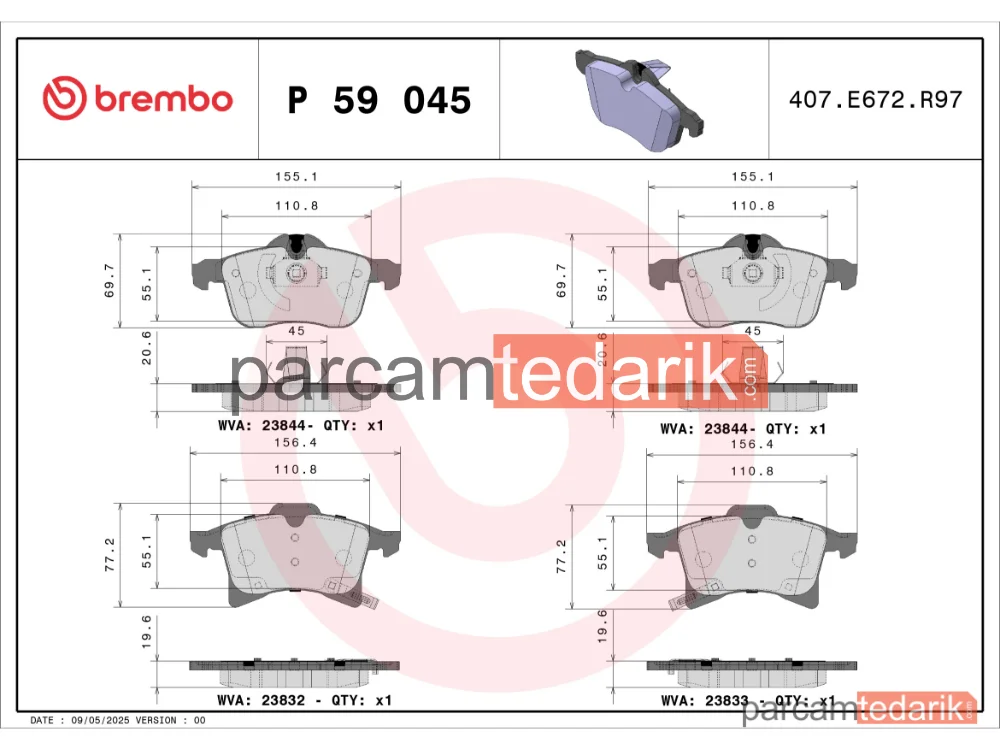 BREMBO P59045 | Fren Balatası (Ön) — Opel Astra H, Opel Astra H GTC, Opel Meriva B Mpv