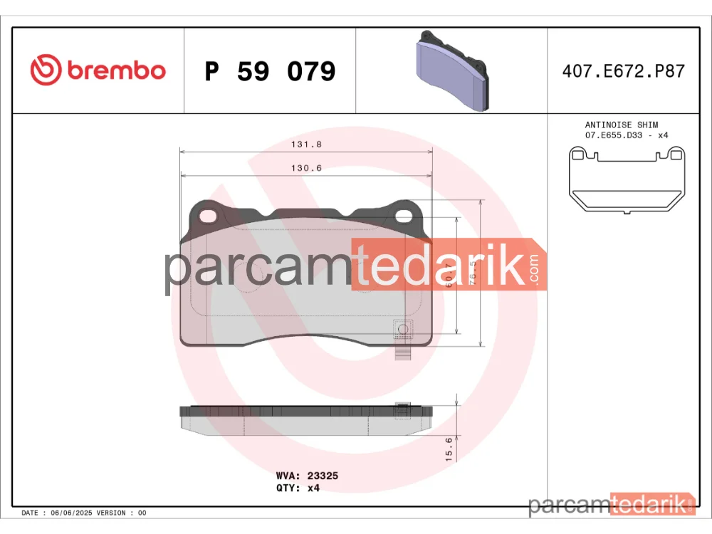 BREMBO P59079 | Fren Balatası (Ön) — Chevrolet Camaro, Chevrolet Corvette, Chevrolet Corvette Cabrio
