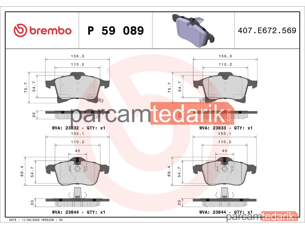BREMBO P59089 | Fren Balatası (Ön) — Opel Adam, Opel Corsa E, Opel Corsa D