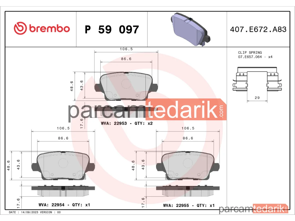 BREMBO P59097 | Fren Balatası (Arka) — Opel Insignia B Grand Sport, Opel Insignia B